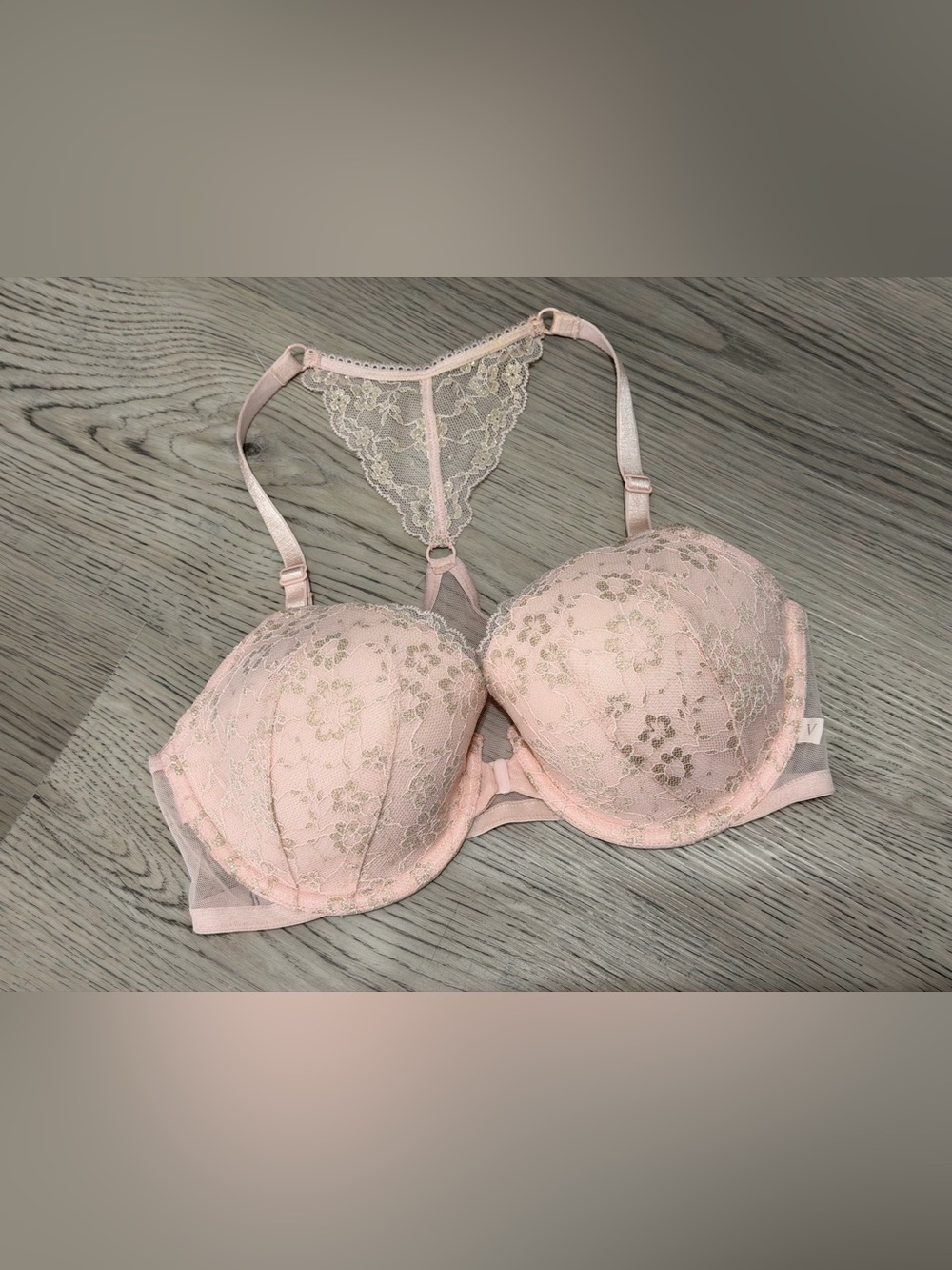 NEW Victoria's Secret Demi Bra Pink Shimmer Floral Lace Lined Racerback 34D NWT